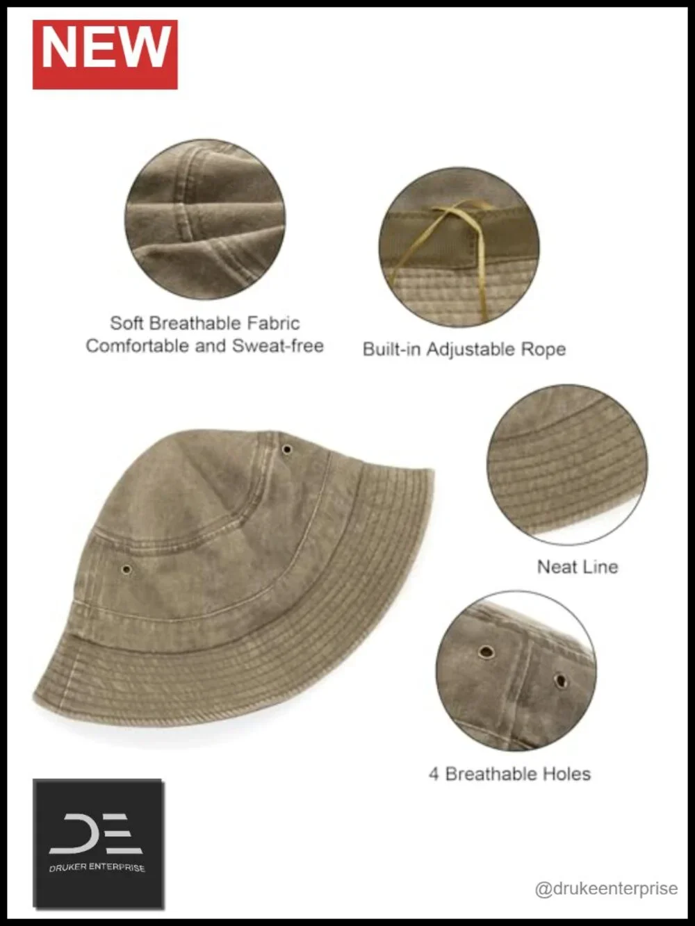 Cotton Bucket Hat with Sun Protection, Adjustable, Foldable, Washable